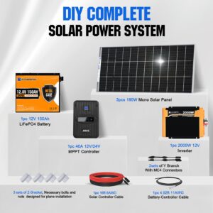 ECO-WORTHY 2.4KWH Solar Panel Kit 600W 12Volt System for RV Off Grid with Battery and Inverter: 600W Solar Panels + 40A MPPT Charge Controller + 12V 150Ah Lithium Battery + 12V 2000W Solar Inverter