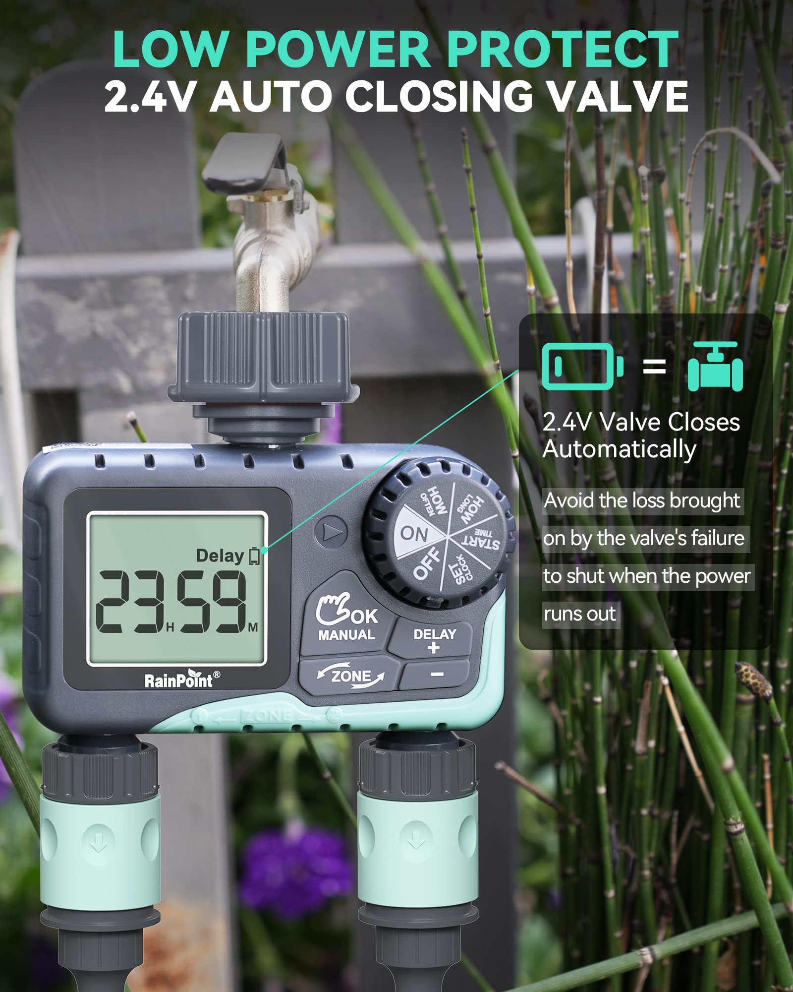 RAINPOINT Water Timer for Garden Hose - 2 Zone Sprinkler Timer with Rain Delay/Manual Watering/Automatic Irrigation Controller System - Water Hose Timer Programmable Faucet Timer for Yard Lawn