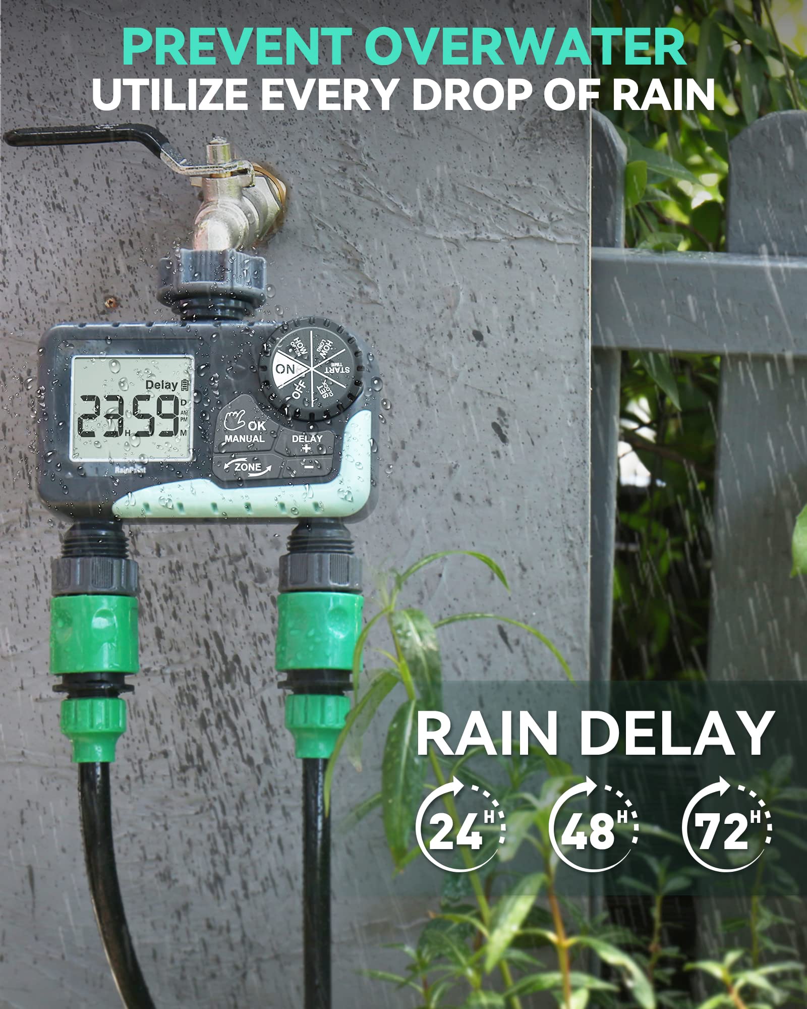 RAINPOINT Water Timer for Garden Hose - 2 Zone Sprinkler Timer with Rain Delay/Manual Watering/Automatic Irrigation Controller System - Water Hose Timer Programmable Faucet Timer for Yard Lawn