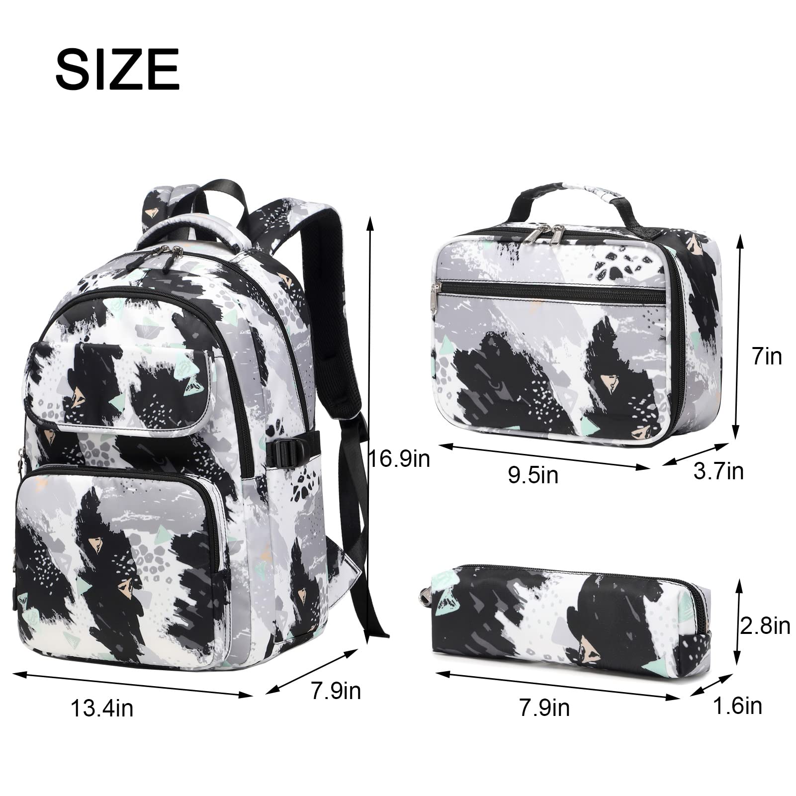 Rexmore Kids Backpack for Girls,3 Pcs Set Elementary Bookbag Waterproof Cute School Bag with Multi Pockets and Compartment,Black