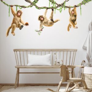 royolam 78.7'' x 32'' large monkeys hanging on vines wall decal nursery macaque animal wall sticker removable peel and stick wall art decor for kids baby classroom preschool living room bedroom school