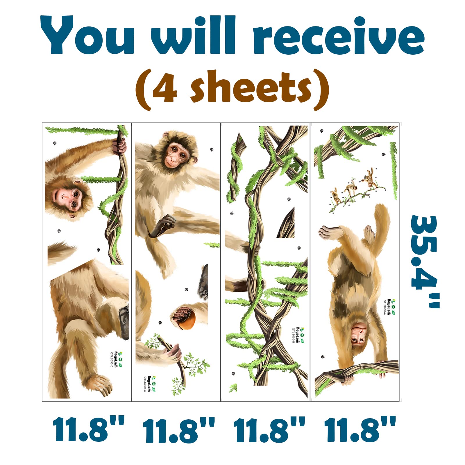 RoyoLam 78.7'' x 32'' Large Monkeys Hanging on Vines Wall Decal Nursery Macaque Animal Wall Sticker Removable Peel and Stick Wall Art Decor for Kids Baby Classroom Preschool Living Room Bedroom School