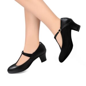 Women's T-Strap Character Shoes Latin Ballroom Dance Heels Black Wedding Pumps, Black 8 M US