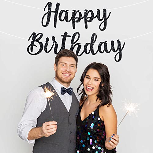 Pre-Strung Happy Birthday Banner - NO DIY - Black Happy Birthday Banner For Men & Women - Pre-Strung Script Garland on 6 ft Strands - Glitter Birthday Party Decorations & Decor. Did we mention no DIY?