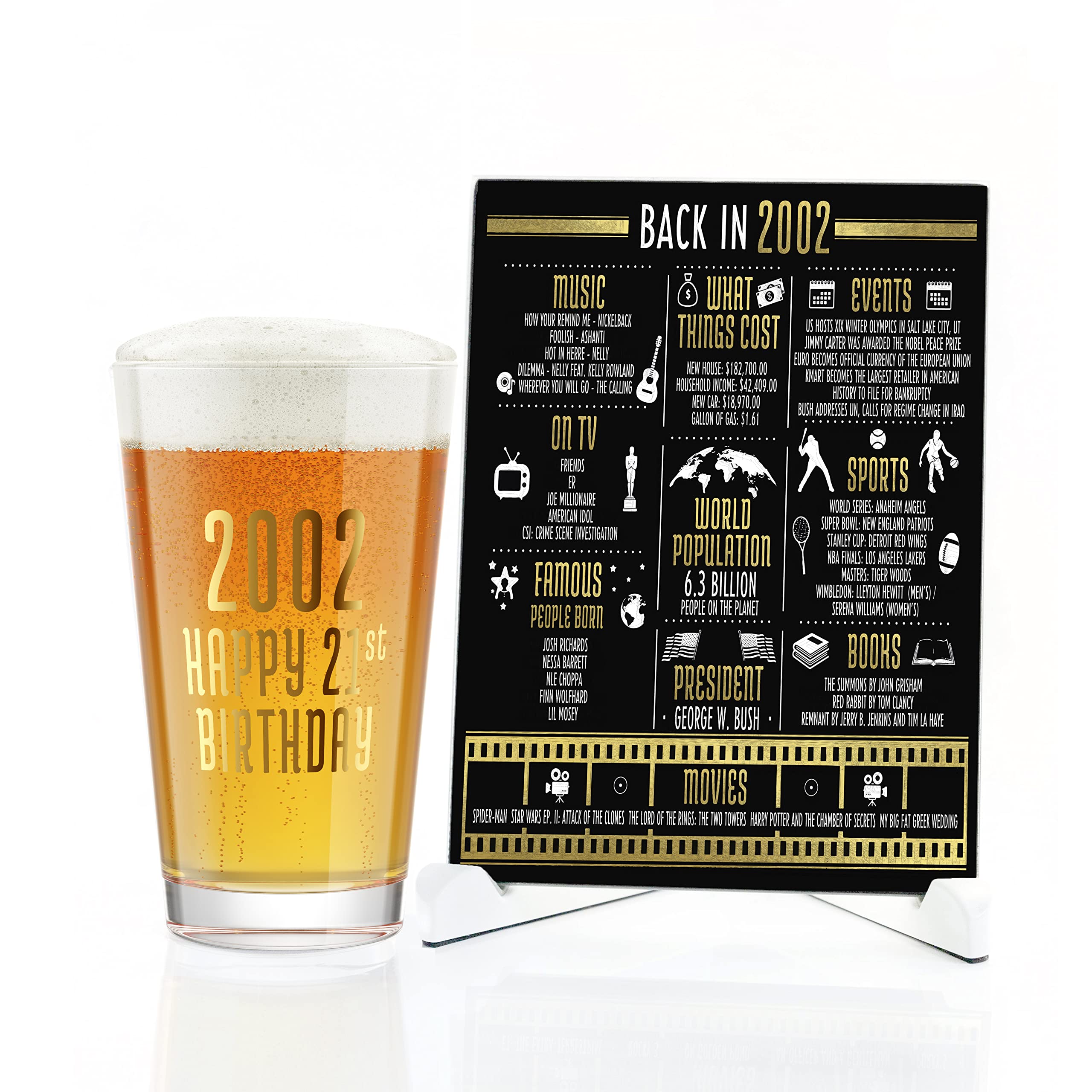 Greenline Goods Happy Birthday Beer Pint Glass (16 oz) & 2002 Birthday Year Facts Board Set with Stand Included - 21st Birthday for Men and Women - Cheers to 21 Years!