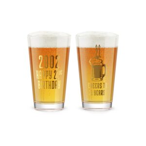 Greenline Goods Happy Birthday Beer Pint Glass (16 oz) & 2002 Birthday Year Facts Board Set with Stand Included - 21st Birthday for Men and Women - Cheers to 21 Years!