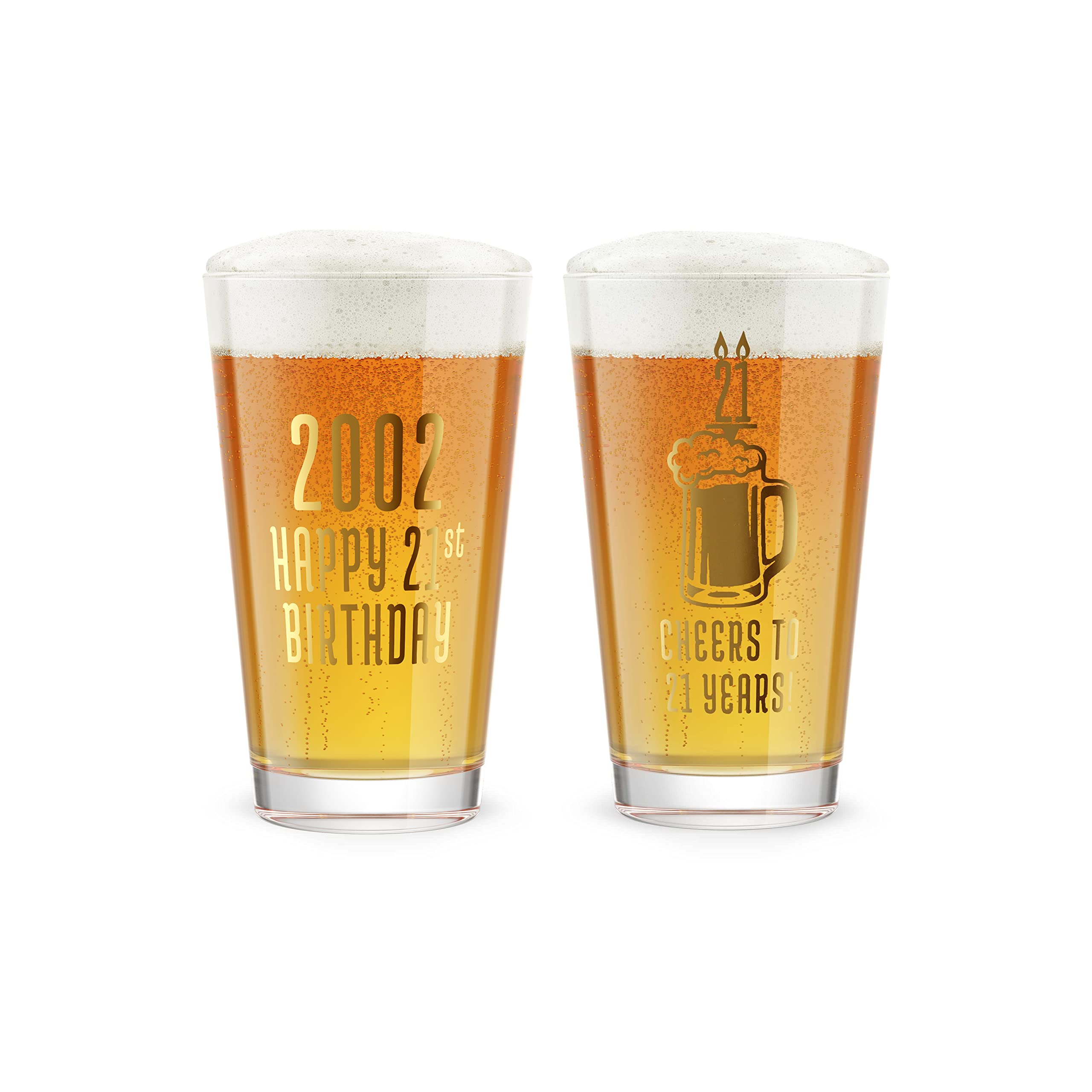 Greenline Goods Happy Birthday Beer Pint Glass (16 oz) & 2002 Birthday Year Facts Board Set with Stand Included - 21st Birthday for Men and Women - Cheers to 21 Years!