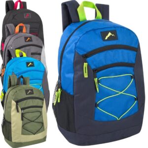 trail maker 18 inch bulk backpacks with bungee cord, padded adjustable straps 24 pack of wholesale backpacks in bulk for kids (boys assortment)