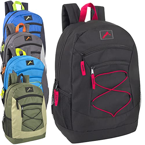 Trail maker 18 Inch Bulk Backpacks with Bungee Cord, Padded Adjustable Straps 24 Pack of Wholesale Backpacks in Bulk for Kids (Boys Assortment)