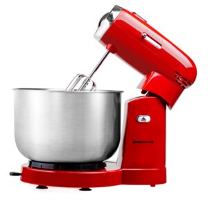 ovente electric kitchen stand mixer with 3.5-quart removable stainless steel mixing bowl, 5 speed control, 250-watt power, 2 blender attachment egg beater whisk & dough hook red sm680r