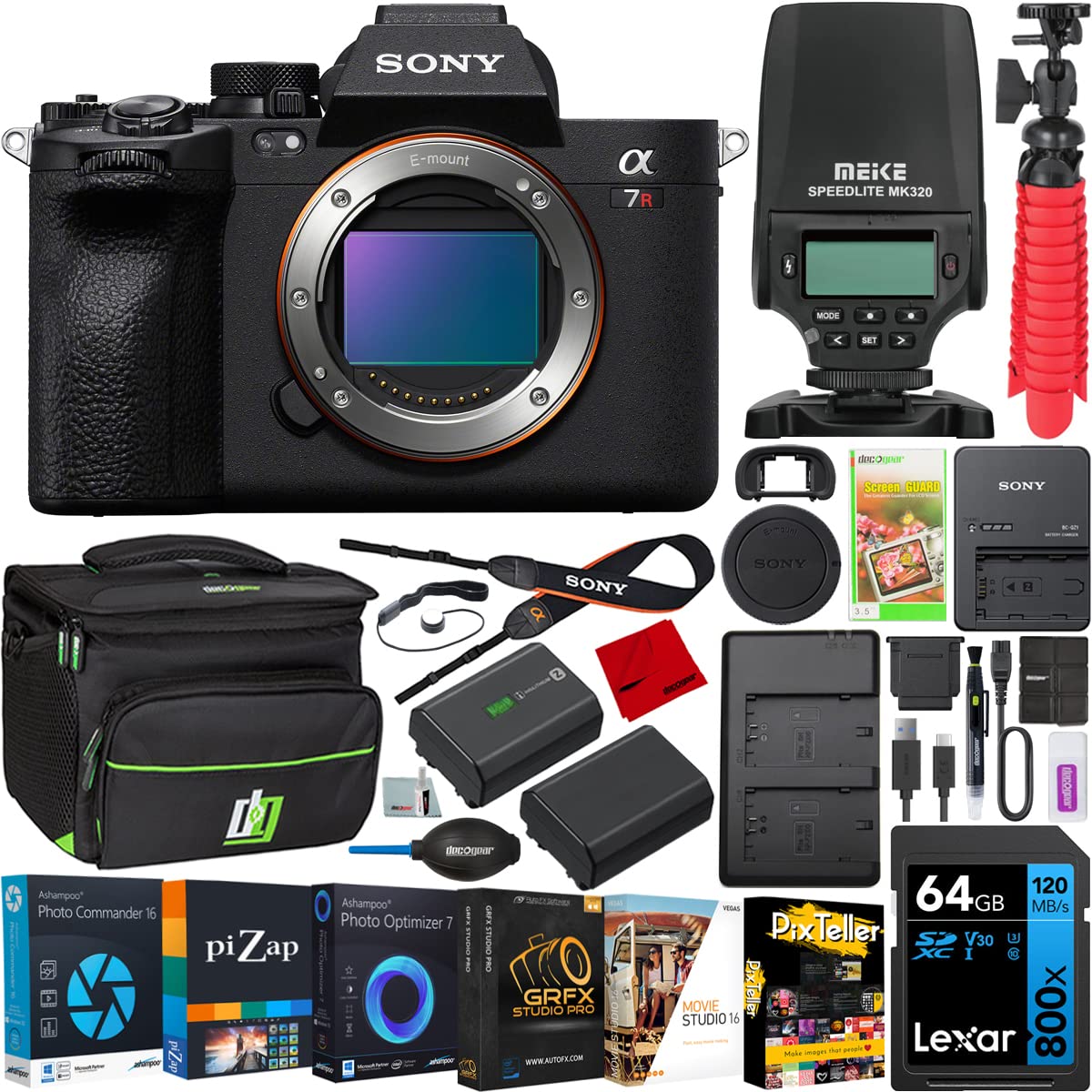 Sony a7R V Mirrorless Full Frame Interchangeable Lens Camera Body ILCE-7RM5 Bundle with Meike MK320 TTL HSS Flash Speedlite + Deco Gear Photography Bag Case + Extra Battery,Dual Charger+ Accessories