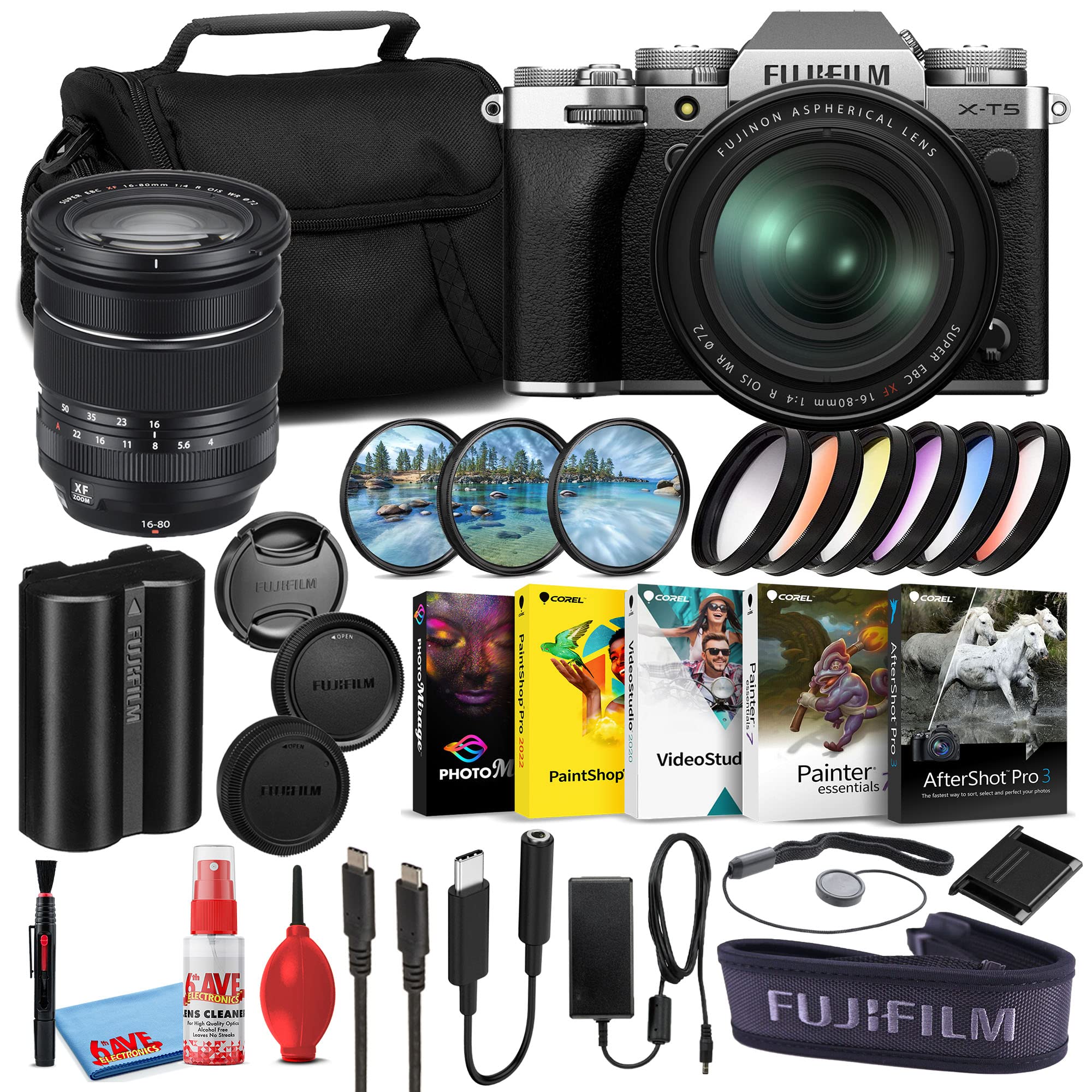 Fujifilm X-T5 Mirrorless Digital Camera with 16-80mm Lens (Silver, 16782662) Bundle with Corel Editing Software + Graduated Color Filters + Large Camera Bag + Lens Filters + Cleaning Kit + More