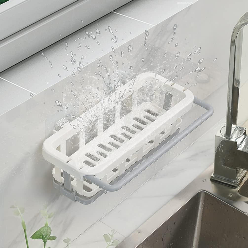 LIFKOME Kitchen Sink Caddy Plastic Retractable Sponge Holder Wall Mount Dish Cloth Hanger Hanging Sink Organizer Rack Basket Soap Rack Brush Holder