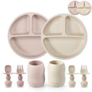 pandaear silicone baby feeding set, 2 pack - divided suction plate, 2 tiny cup with spoons, bpa free, light tan/pink