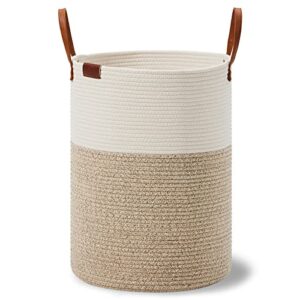 VIPOSCO Tall Laundry Basket, Large Dirty Clothes Hamper with Leather Handle, Woven Rope Storage Basket for Blanket, Toy In Living Room, Bathroom, Bedroom - 58L White & Brown