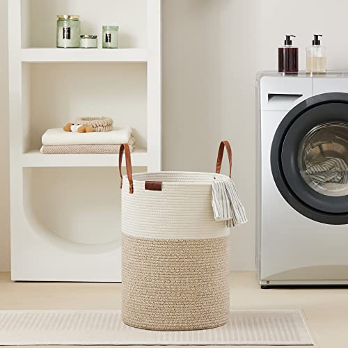 VIPOSCO Tall Laundry Basket, Large Dirty Clothes Hamper with Leather Handle, Woven Rope Storage Basket for Blanket, Toy In Living Room, Bathroom, Bedroom - 58L White & Brown