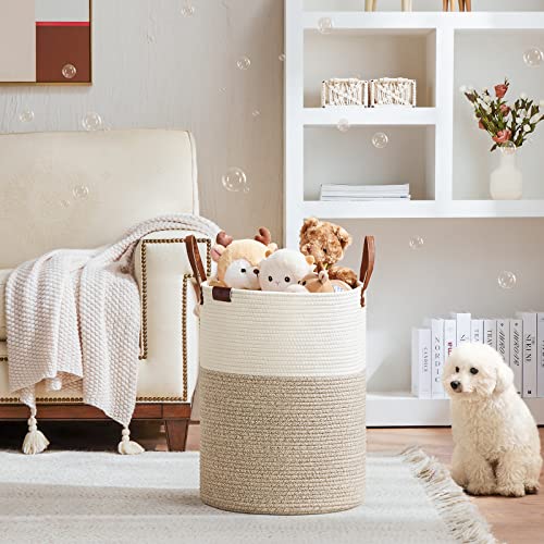 VIPOSCO Tall Laundry Basket, Large Dirty Clothes Hamper with Leather Handle, Woven Rope Storage Basket for Blanket, Toy In Living Room, Bathroom, Bedroom - 58L White & Brown