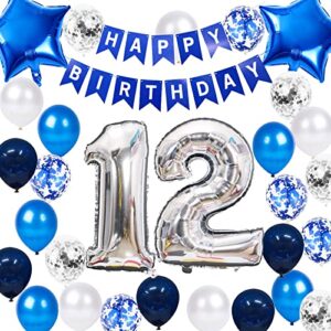 12th birthday party decoration for boys, happy birthday banner blue number 12 birthday balloons 12th birthday latex confetti balloon for boys him son 12 years old birthday decoration supplies(12th)
