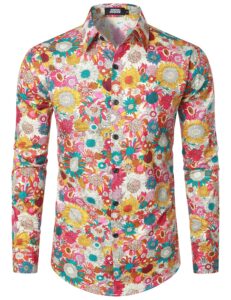 jogal mens floral dress shirt long sleeve casual button down printed flower shirts beige multicolor large