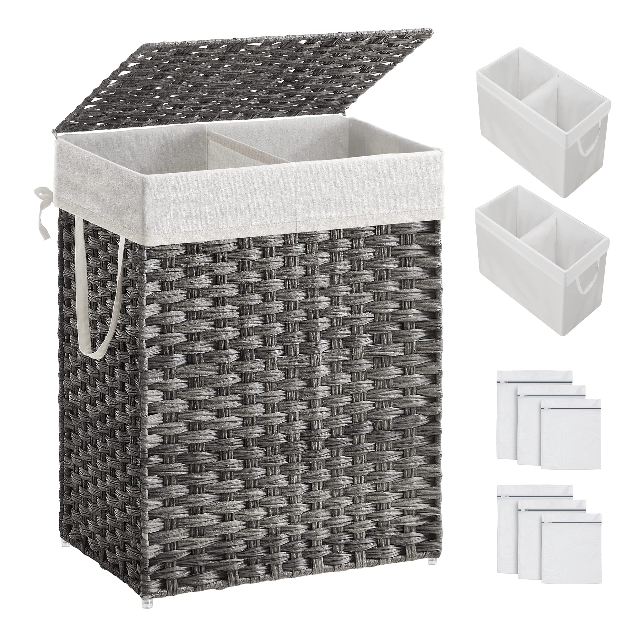 SONGMICS Laundry Hamper with Lid, 90L Clothes Hamper with 2 Removable Liner Bags, 6 Mesh Bags, Wicker Laundry Basket, Double Laundry Hamper for Bathroom, 13 x 18.1 x 23.6 Inches, Gray ULCB251G01V1