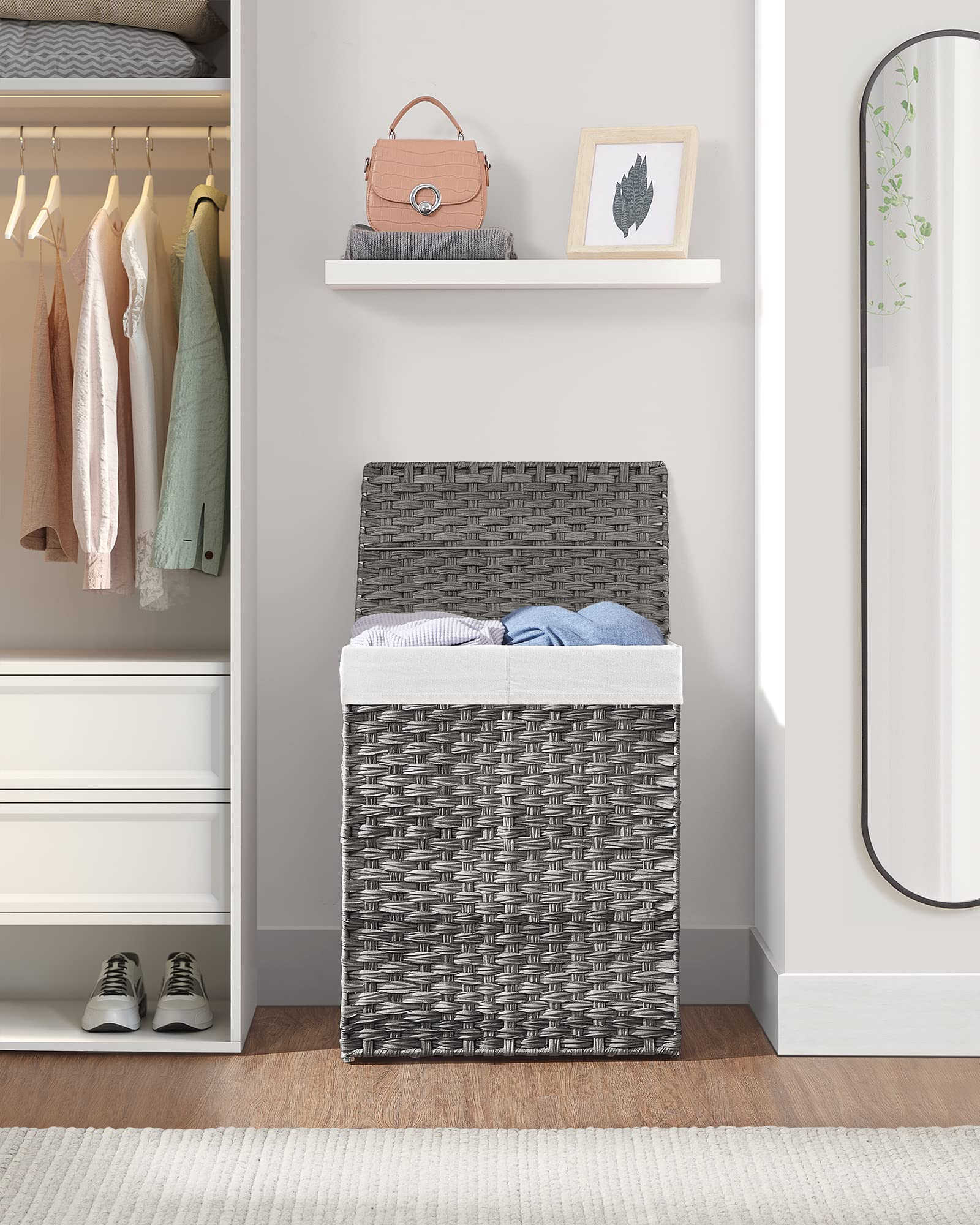 SONGMICS Laundry Hamper with Lid, 90L Clothes Hamper with 2 Removable Liner Bags, 6 Mesh Bags, Wicker Laundry Basket, Double Laundry Hamper for Bathroom, 13 x 18.1 x 23.6 Inches, Gray ULCB251G01V1