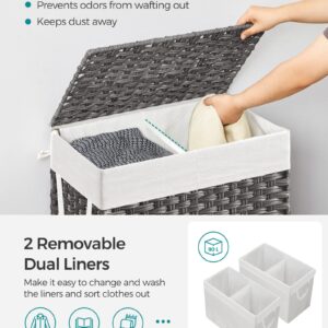 SONGMICS Laundry Hamper with Lid, 90L Clothes Hamper with 2 Removable Liner Bags, 6 Mesh Bags, Wicker Laundry Basket, Double Laundry Hamper for Bathroom, 13 x 18.1 x 23.6 Inches, Gray ULCB251G01V1