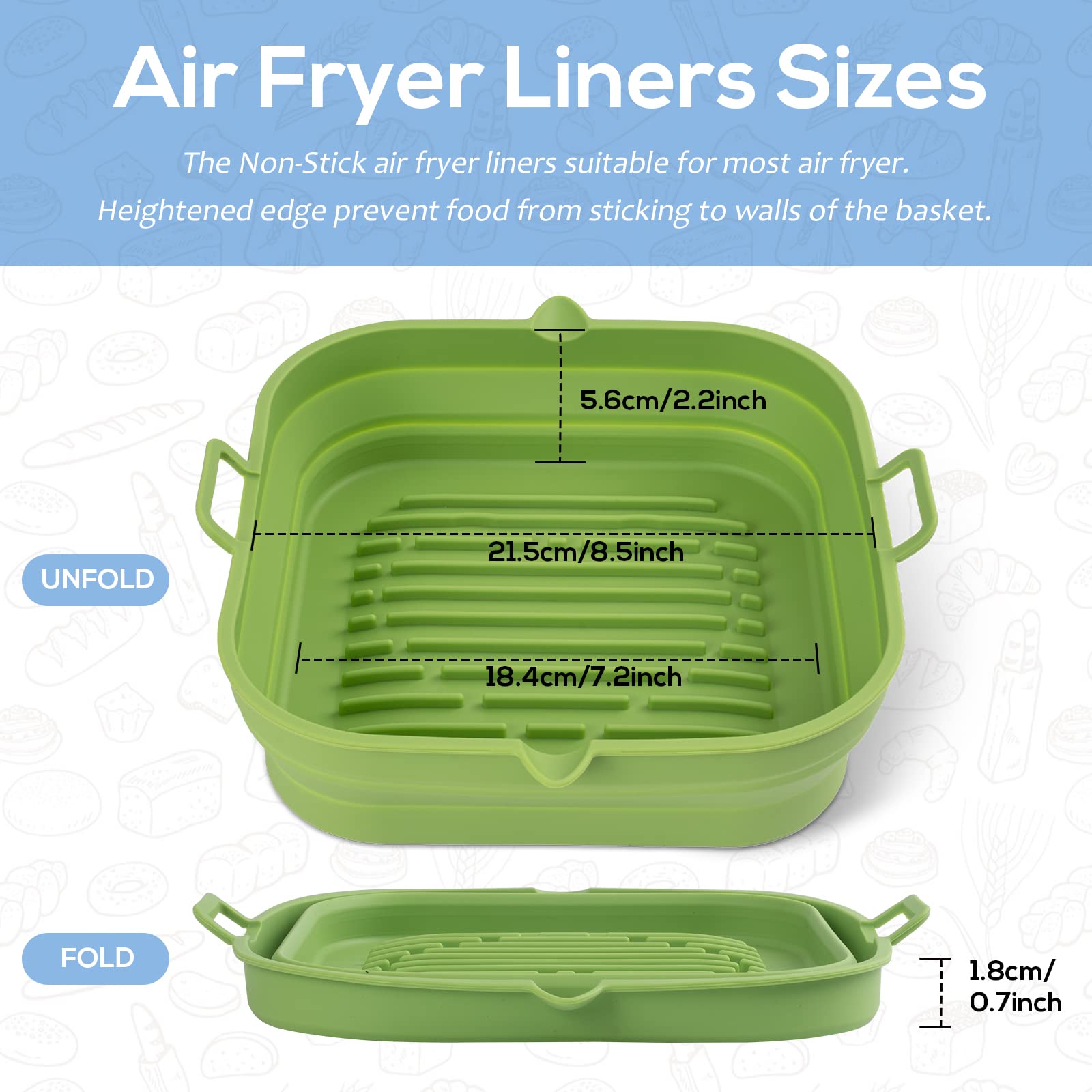 [2 Pack] Silicone Air Fryer Liners Square - Reusable Airfryer Silicone Basket - Easy to Clean Air Fryers Silicone Pot for 5.8 to 8 Qt Large Air Fryer Baking Tray Oven Accessories, 8.5 Inch