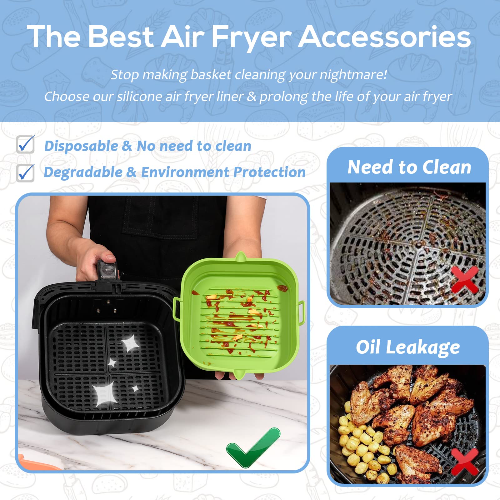 [2 Pack] Silicone Air Fryer Liners Square - Reusable Airfryer Silicone Basket - Easy to Clean Air Fryers Silicone Pot for 5.8 to 8 Qt Large Air Fryer Baking Tray Oven Accessories, 8.5 Inch