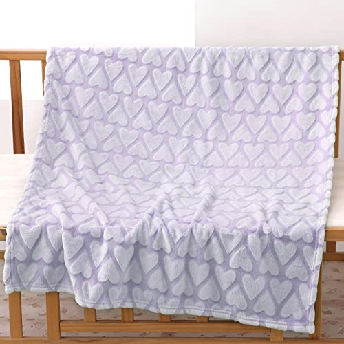 Bertte Plush Baby Blanket for Boys Girls | Swaddle Receiving Blankets Super Soft Warm Lightweight Breathable for Infant Toddler Crib Stroller - 33"x43" Large, Lavender Hearts Embossed