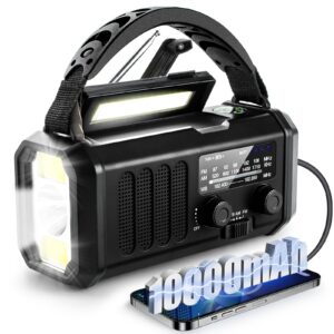 10000mah emergency weather radio,portable fm/am/noaa battery powered survival radios&power bank,solar/hand crank/type-c charger,flashlight,reading lamp,compass,sos alert,outdoor camping&power outages