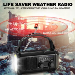 10000mAh Emergency Weather Radio,Portable FM/AM/NOAA Battery Powered Survival Radios&Power Bank,Solar/Hand Crank/Type-C Charger,Flashlight,Reading Lamp,Compass,SOS Alert,Outdoor Camping&Power Outages