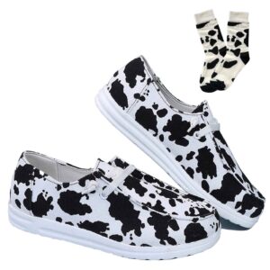 lelebear cow print shoes, cow print shoes for women, flat lace-up slip on women comfortable print sneakers (cow print shoes, 9.5 us)