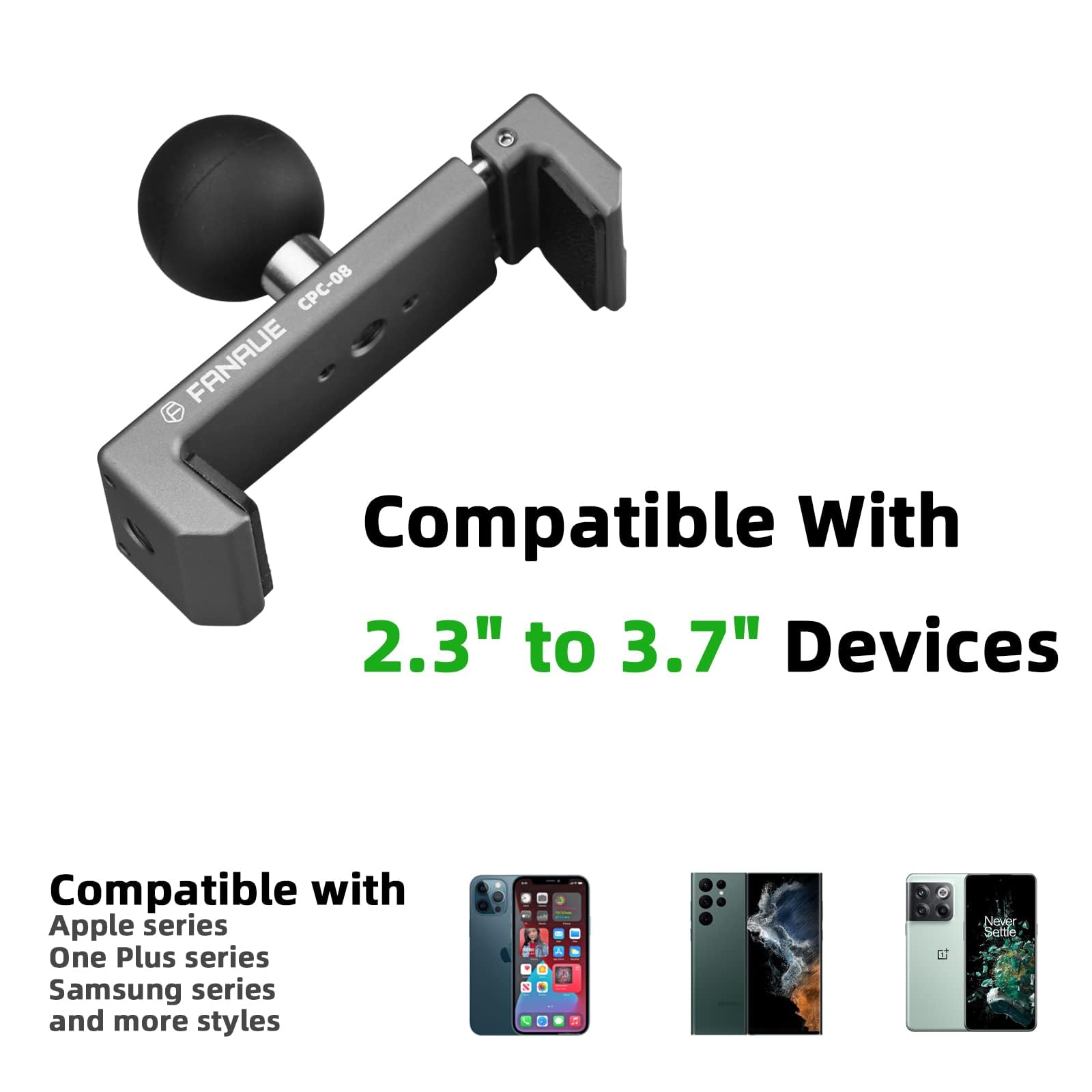 FANAUE Phone Holder Aluminum Alloy with 1'' Ball for Smartphones with a Width of 2.3" to 3.7", Compatible with RAM Mounts B Size Double Socket Arm & Bike Motorcycle Cellphone Mount