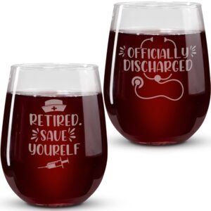 on the rox drinks nurse gifts for women - 17 oz retired nurse stemless wine glass set of 2 - funny rn gifts for nurses - retirement gifts for former nurses - nurse gifts for women and men