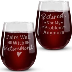 retirement gifts for women - 17 oz retirement stemless wine glass set of 2 - funny retired wine glass gifts - christmas gifts for government retirees - cool retirement gifts for retired mom
