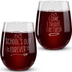 retirement gifts for women 2022 - 2pc retired teachers stemless wine glass 17oz- funny teacher gifts - gifts for daycare provider - teacher appreciation gifts - retired gifts for professors