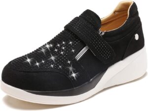 women's orthopedic rhinestone sneakers,arch support walking fashion casual glitter bling shoe (black,7.5)