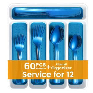60 pcs blue silverware set with organizer tray service for 12,kitware stainless steel flatware cutlery set,mirror polished cutlery utensil set,home kitchen dinnerware fork knife spoon set