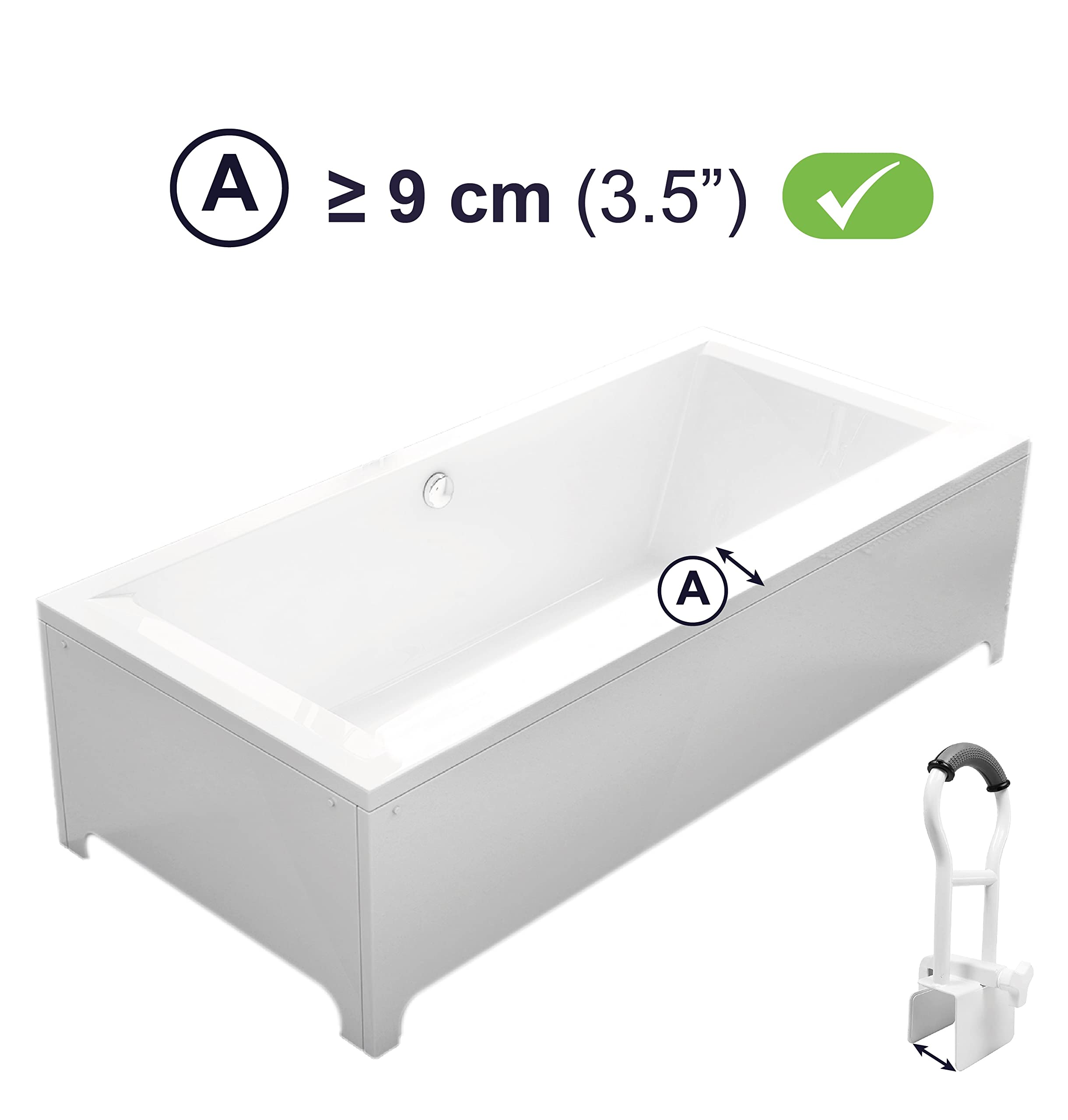 KMINA - Padded Bathtub Safety Rails for Seniors (Bathtubs with Flat Rim ≥3.5"), Adjustable Tub Grab Bars for Side of Tub, Clamp on Tub Rails for Elderly Gray