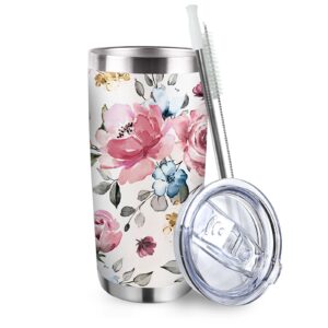 zzkol floral flowers tumbler with lid and straw, rose peony stainless steel travel coffee cup, birthday mug gifts for women, 20oz spring summer double wall vacuum insulated tumbler