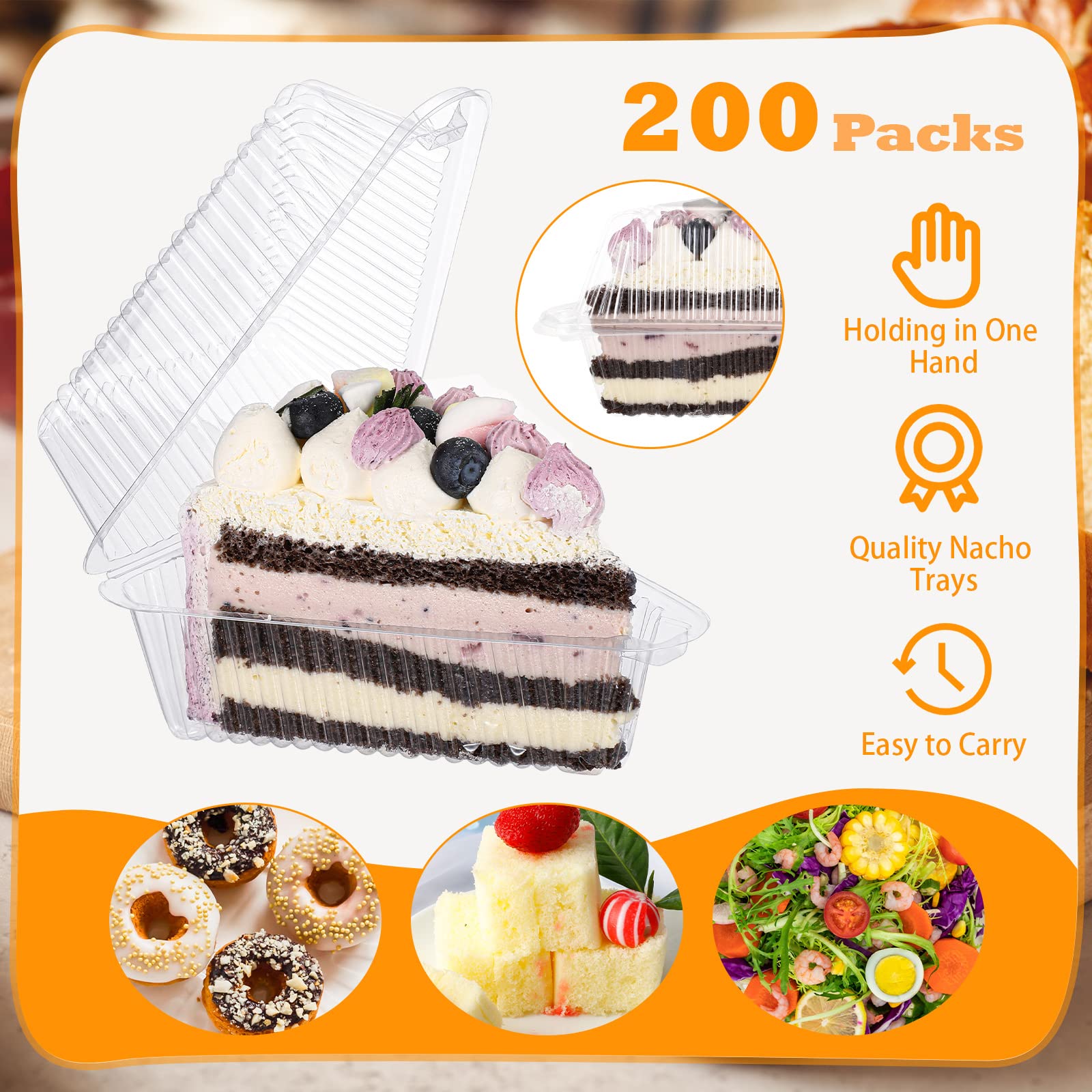 200 Pcs Clear Cake Slice Container with Lids Single 5'' Clear Medium Hinged Lid Pie Slice Container Disposable Box Food Containers for 7''- 9'' Diameter Pie Cheesecake Packaging Home Bakery