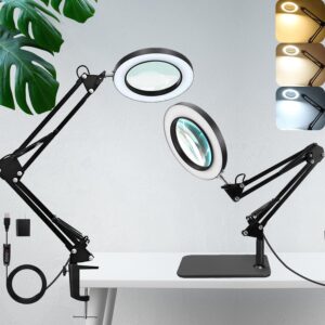 hanbaak magnifying glass with light and stand, 10x magnifying lamp, 3 color modes stepless dimmable, 2-in-1 led lighted desk magnifier with light for reading, crafts, repair, close works