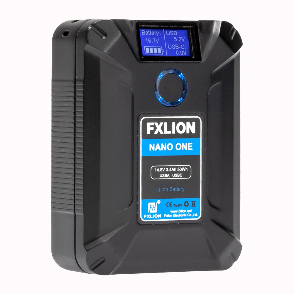 FXLION Nano ONE V Mount Battery 3400mAh(50Wh/14.8V) with D-TAP,USB-C,USB-A,Micro-USB Ports,Portable Rechargeable V Lock Battery for Cameras/Camcorders/MacBook/LED Lights/Monitors