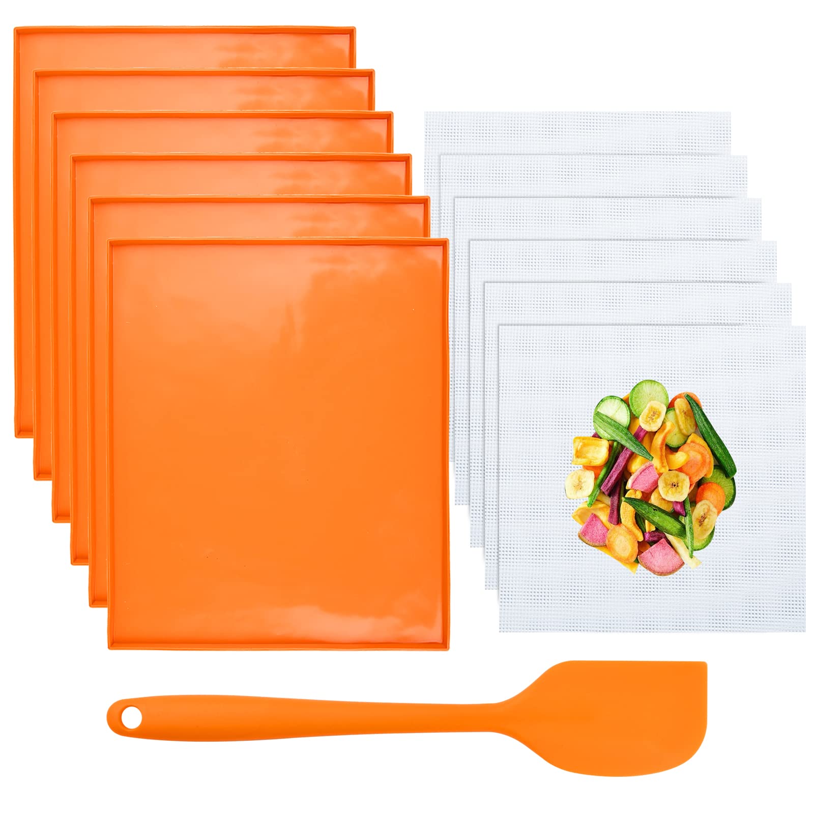 Aemygo 6 Pcs Silicone Dehydrator Sheets with Edge, Reusable Mesh Dehydrator Mats with Scraper, Non-Stick Fruit Leather Trays, Square Food Dryer Mat Dehydrator Sheets For Liquid Meat Vegetables Herbs