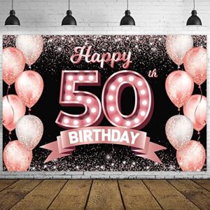 happy 50th birthday rose gold banner backdrop cheers to 50 years old confetti balloons theme decor decorations for women 50 years old pink birthday party bday supplies background favors gift glitter