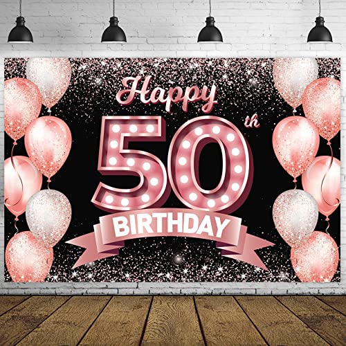 Happy 50th Birthday Rose Gold Banner Backdrop Cheers to 50 Years Old Confetti Balloons Theme Decor Decorations for Women 50 Years Old Pink Birthday Party Bday Supplies Background Favors Gift Glitter