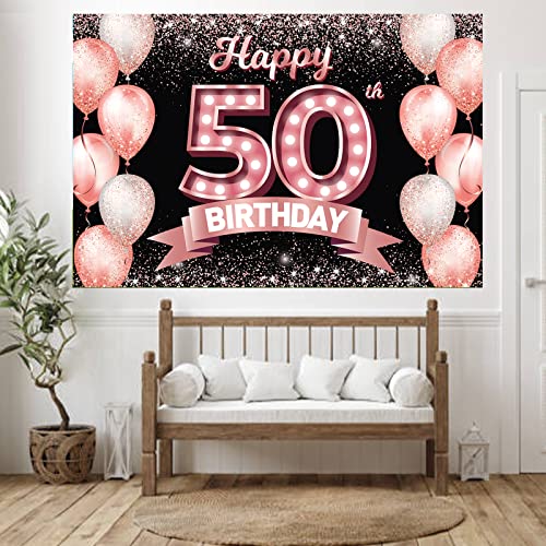 Happy 50th Birthday Rose Gold Banner Backdrop Cheers to 50 Years Old Confetti Balloons Theme Decor Decorations for Women 50 Years Old Pink Birthday Party Bday Supplies Background Favors Gift Glitter