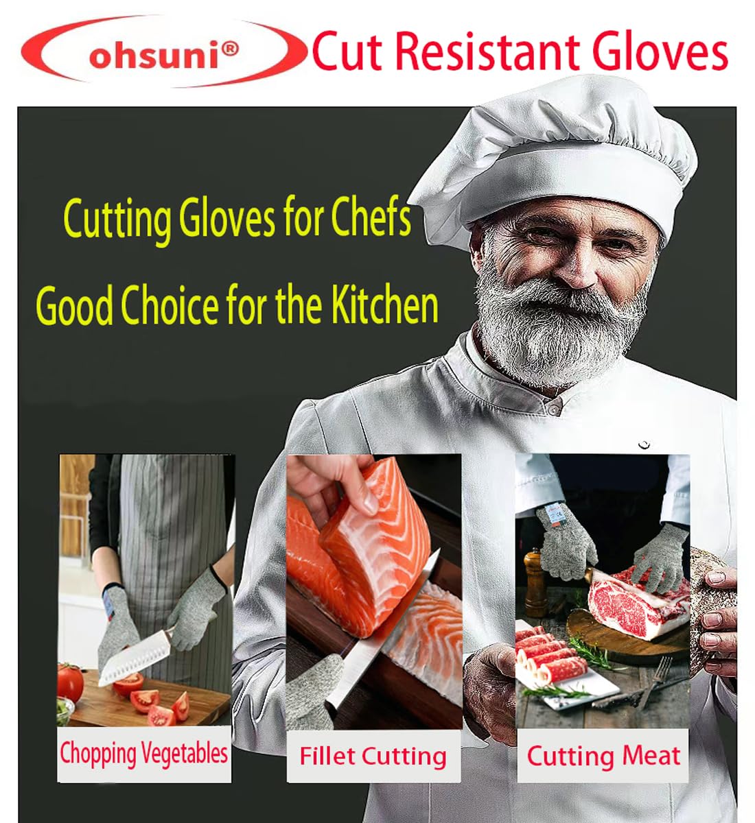 ohsuni Cutting Gloves, 2 Pairs of Cut Resistant Gloves Food Grade, Kitchen Gloves for Cutting, Oyster Shucking, Fish Fillet Processing, Carving Wood and Gardening(Large)