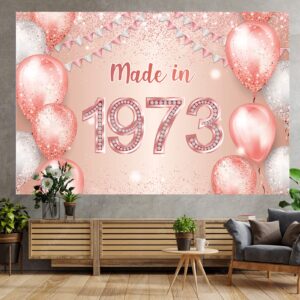 Made in 1973 Rose Gold Happy 50th Birthday Banner Cheers to 50 Years Old Backdrop Balloon Confetti Theme Decor Decorations for Women Pink Birthday Party Supplies Bday Background Glitter