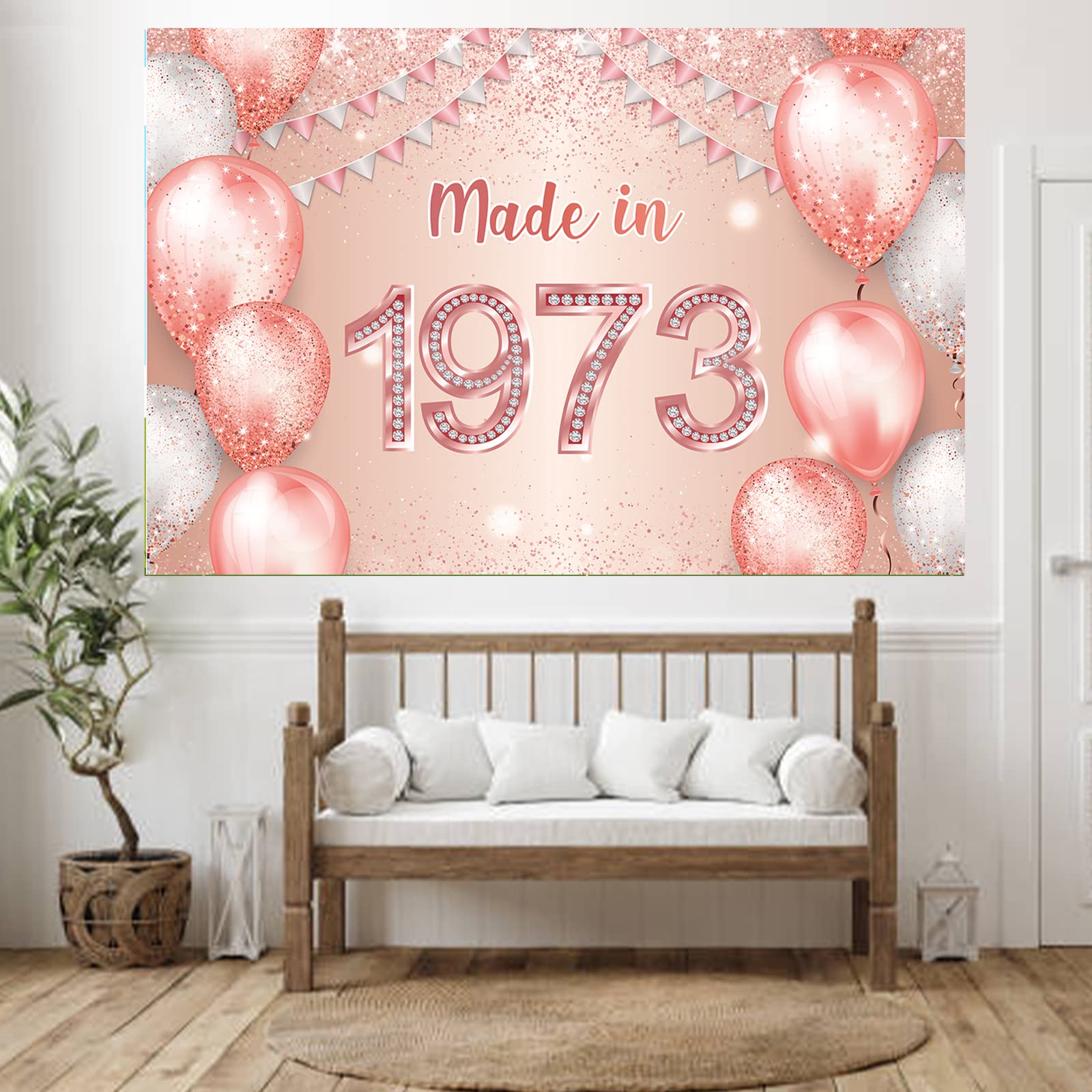 Made in 1973 Rose Gold Happy 50th Birthday Banner Cheers to 50 Years Old Backdrop Balloon Confetti Theme Decor Decorations for Women Pink Birthday Party Supplies Bday Background Glitter